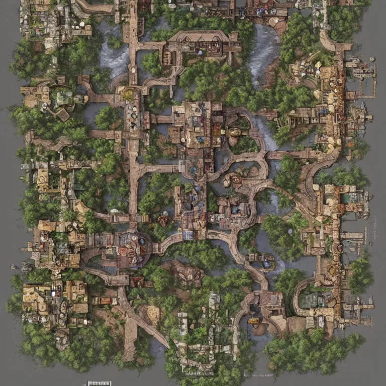 Image similar to full - color fantasy floor plan of a bustling merchant village with a bridge over a river to the north, d & d, pathfinder, by jeff todd and greg rutkowski, trending on artstation, pinterest