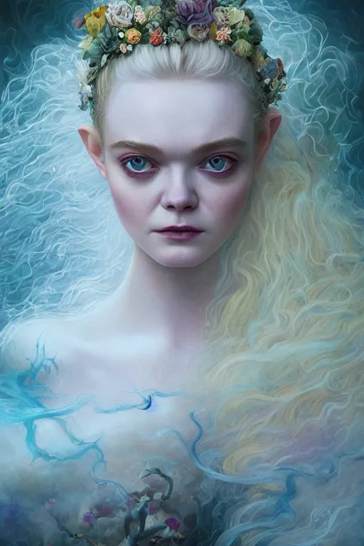 Image similar to closeup portrait shot of elle fanning as delirium of the endless, the sandman, the fairy queen, floral growth, thick fancy makeup, highly detailed, digital painting, artstation, concept art, soft focus, depth of field, artgerm, tomasz alen kopera, peter mohrbacher, donato giancola, wlop, boris vallejo