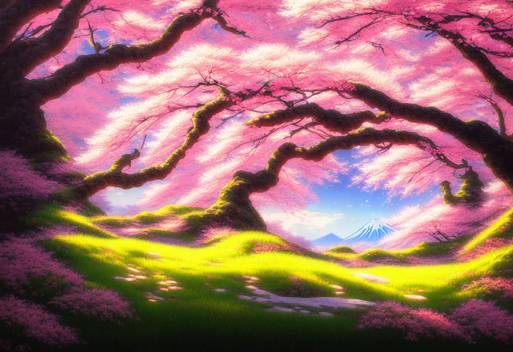 Prompt: a real photographic landscape painting with incomparable reality, wide angle, in forest, flowers, cherry blossom tree in full bloom, bright style, mount fuji, clearing, magnificent, artstation, art by makoto shinkai