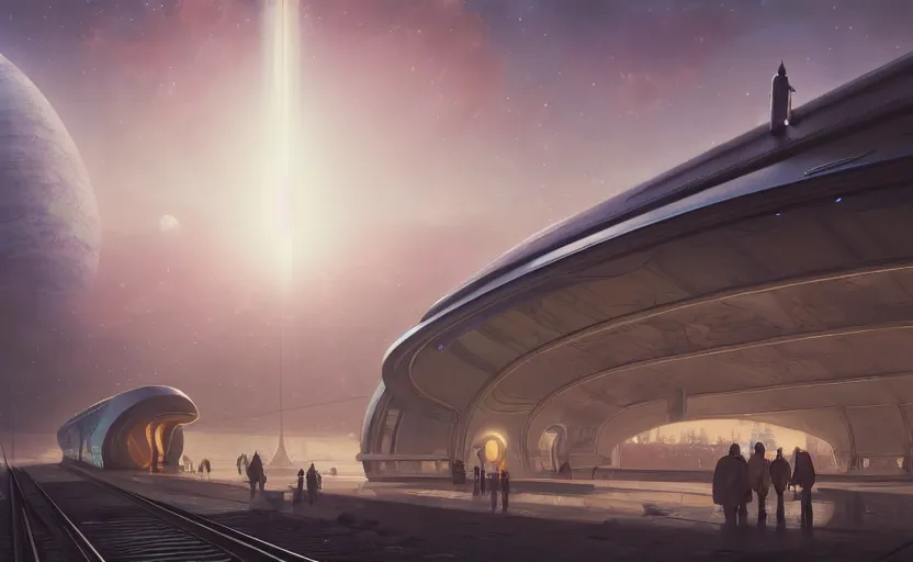 Image similar to exterior shot of utopian train station on the edge of the space with cinematic lighting by zaha hadid and renzo piano, darek zabrocki and greg ruthkowski, alphonse mucha, simon stalenhag, cinematic, holy place, paradise, scifi, futurism, atmospheric, dusk, concept art, artstation, trending on artstation