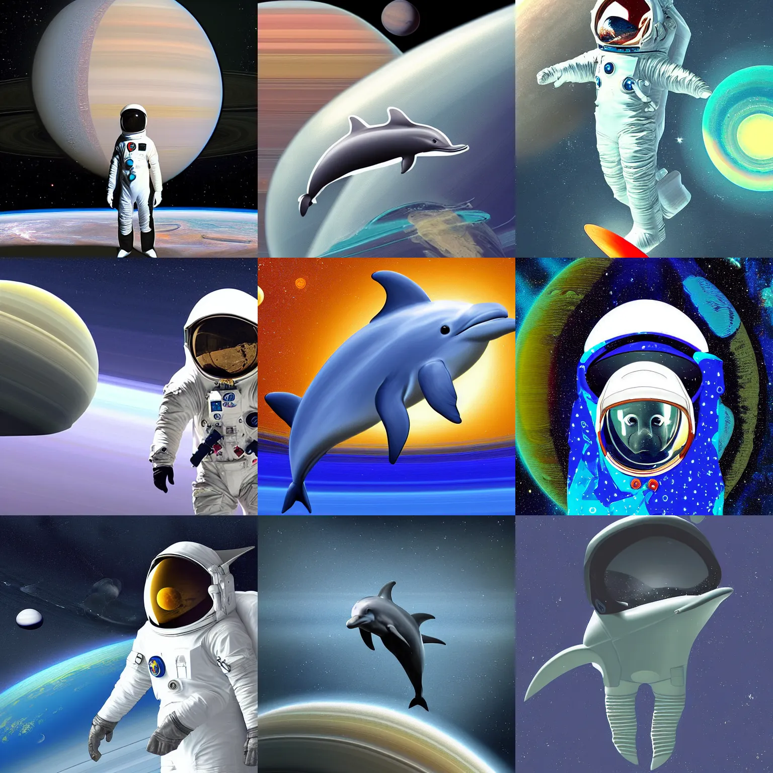 Prompt: dolphin in astronaut suit near saturn, digital art