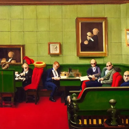 Image similar to a highly detailed fine art painting of multiple british members of parliament in the house of commons wearing clown costumes and smoking. in the style of edward hopper, richard hamilton. concept art. whimsical. green leather benches.