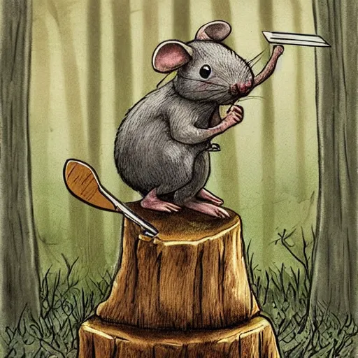 Prompt: a mouse with a sword sits on a stump, deep forest, mouse in clothes, by rivuletpaper, rivuletpaper art, MouseGuard by David Petersen, mouse photo, small details, realistic illustration,