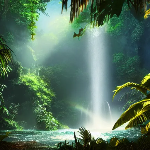 Prompt: great jungle turquiose waterfall, highly detailed, mist, god rays, cinematic, cinematic lighting, ultra details, cinematic, digital painting, artstation