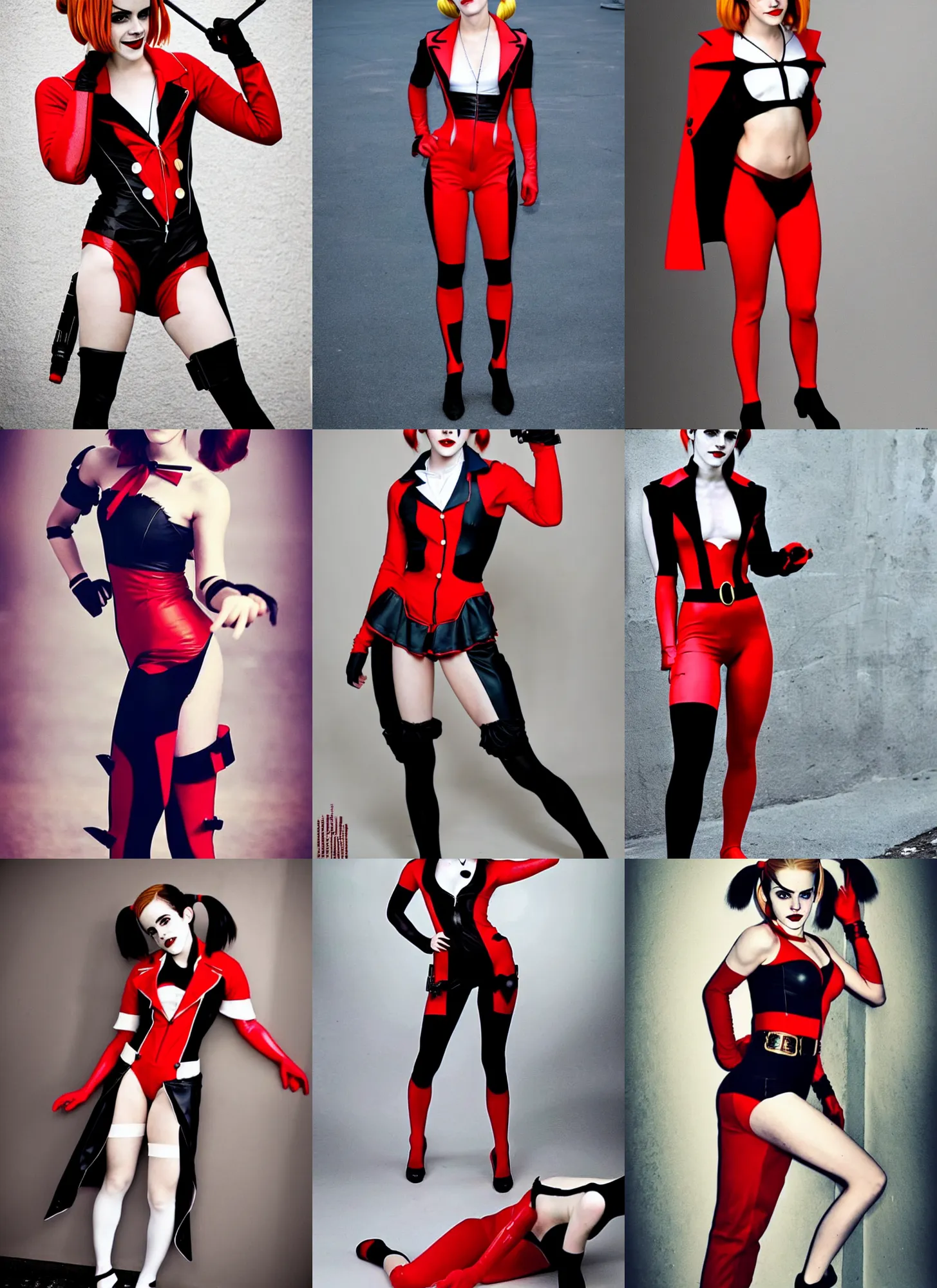 Prompt: attractive Emma Watson cosplaying as classic Harley Quinn!!! in her signature red and black plugsuit , photorealistic perfect body, 90 60 90 , D size , hourglass!! slim figure , full body zenkai!! classic Harley suit , showing off , solo photoshoot , DSLR , wallpaper , cosplay , full body , cinematic 4K blu-ray , japanese DC live-action movie