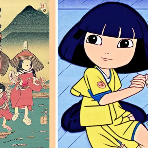 Image similar to real girl dora the explorer and boot the monkey ukiyo-e highly detailed