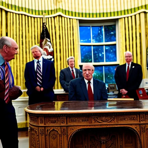 Image similar to president evil BOB from twin peaks in the oval office bright lighting high resolution, menacing atmosphere