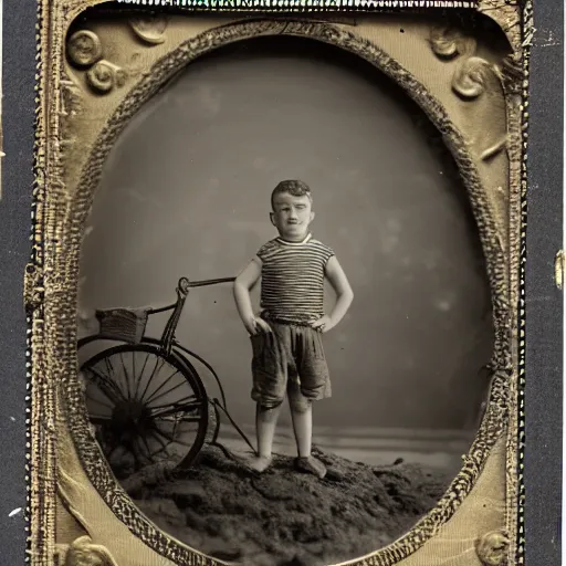 Prompt: tintype photo, boy rides a squid, underwater, jellyfish