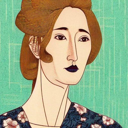 Prompt: “ laura dern portrait by ikenaga yasunari and ayana otake and ko rakusui, 6 0 s poster, drawing, realistic, sharp focus, japanese, dreamy, nostalgia, faded, golden hues, floral clothes, porcelain skin ”