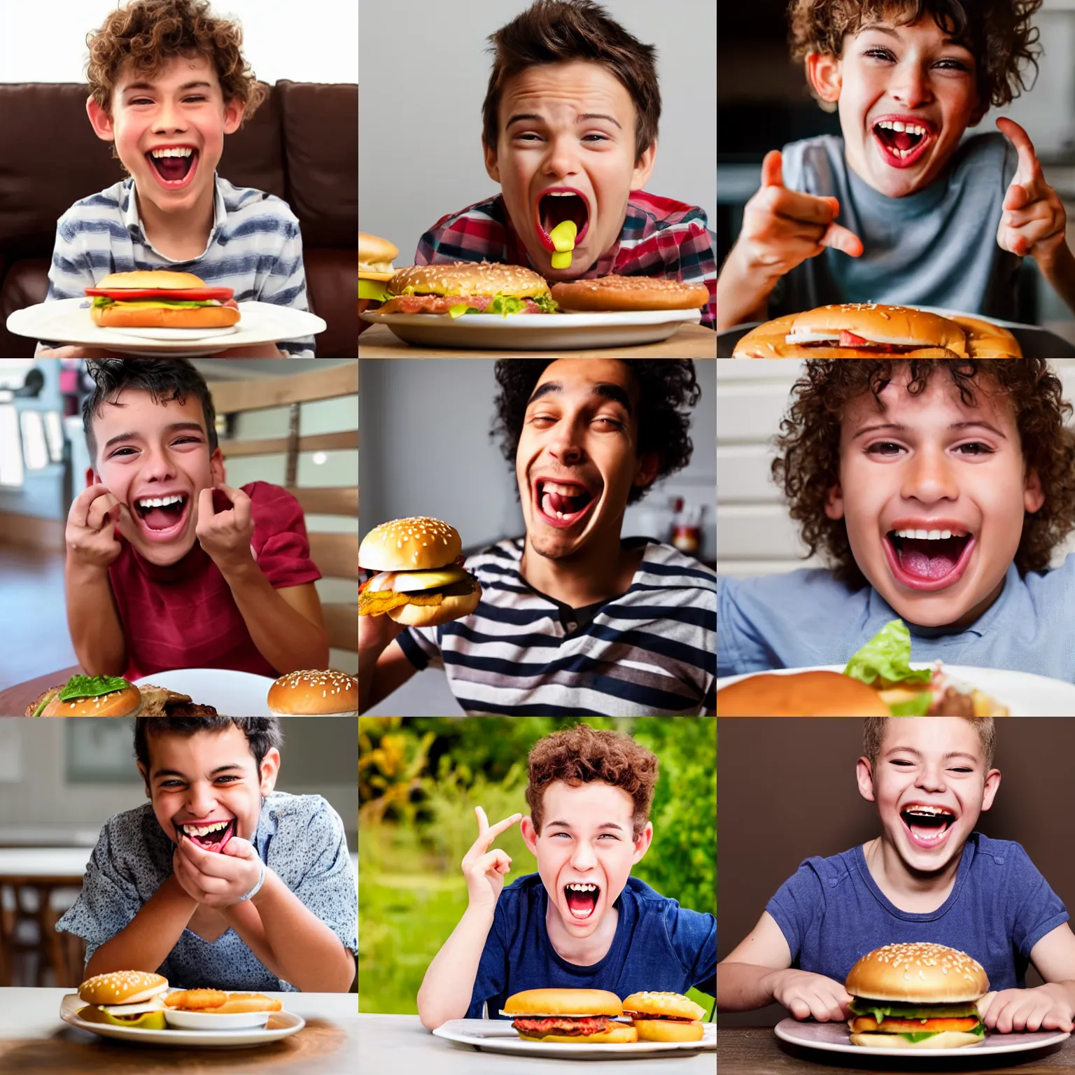 Prompt: a very excited young man with an open mouth smile, drooling over a hamburger on a plate