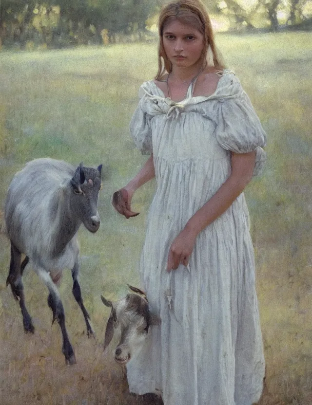 Prompt: portrait of peasant girl in a long dress pet a goat, cottage core, cinematic focus, polaroid photo bleached vintage pastel colors high - key lighting, soft lights, foggy, by steve hanks, by lisa yuskavage, by serov valentin, by tarkovsky, 8 k render, detailed, oil on canvas