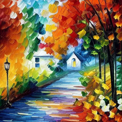 Prompt: a cottage with a garden, leonid afremov