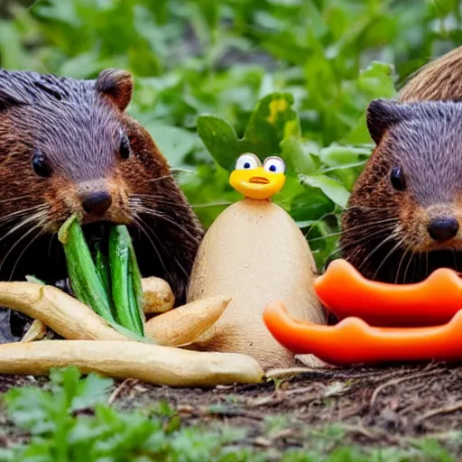 Image similar to real beaver and real duck sitting on vegetables