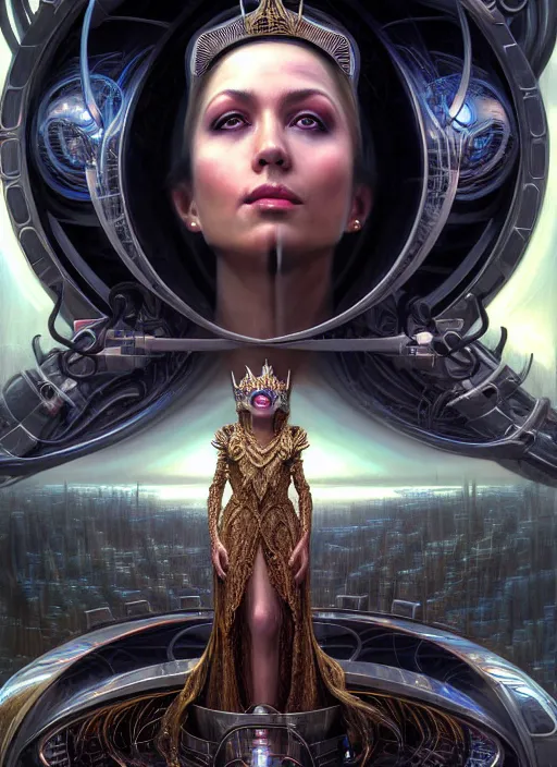 Image similar to closeup portrait shot of beautiful queen on cybertronic throne in a scenic dystopian environment, intricate, elegant, highly detailed, centered, digital painting, artstation, concept art, smooth, sharp focus, illustration, artgerm, tomasz alen kopera, peter mohrbacher, donato giancola, joseph christian leyendecker, wlop, boris vallejo