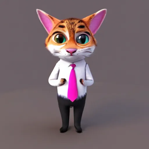 Prompt: 3d render , anthropomorphic cat, wearing a Pink tux, in the style of Zootopia