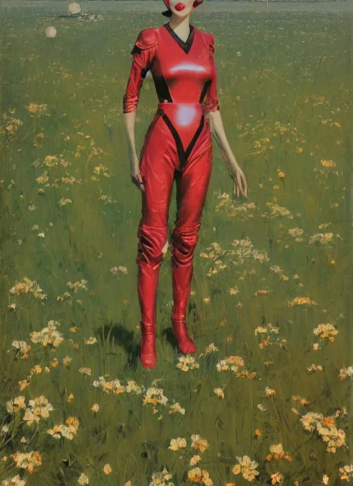 Image similar to tall elegant woman wearing a latex spacesuit standing in flowery martian meadow, by norman rockwell, jack kirby, jon berkey, earle bergey, craig mullins, ruan jia, jeremy mann, tom lovell, marvel, astounding stories, 5 0 s pulp illustration, scifi, fantasy