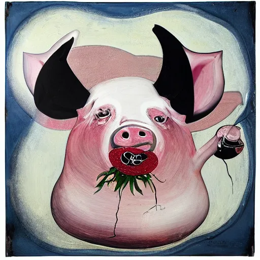 Image similar to “pig paintings and pig sculptures in a pig art gallery, pork, ikebana white flowers, white wax dripping, squashed raspberry stains, acrylic and spray paint and oilstick on canvas, by munch and Dali”