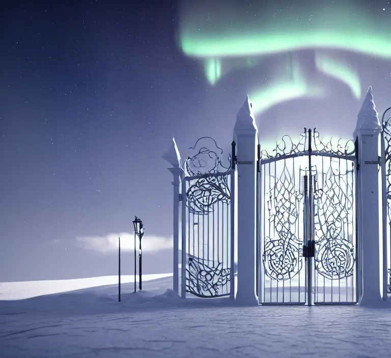 Image similar to a very detailed concept art of intricate and scandinavian white gates to aurora borealis, trending on artstation, symmetry, digital art, 4 k, hyper realistic, octane render, sharp focus