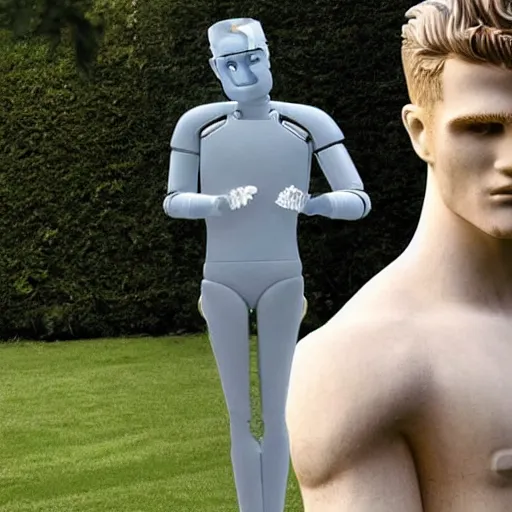 Image similar to a realistic detailed photo of a guy who is an attractive humanoid who is half robot and half humanoid, who is a male android, soccer player timo werner, shiny skin, posing like a statue, blank stare, by the pool, on display, showing off his muscles, humanoid robot, frozen ice statue, made of ice