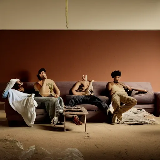 Image similar to gang members chilling around dirty couch in a beige room thick atmospheric dust sun barely shines through the blinds jonathan zawada style photography