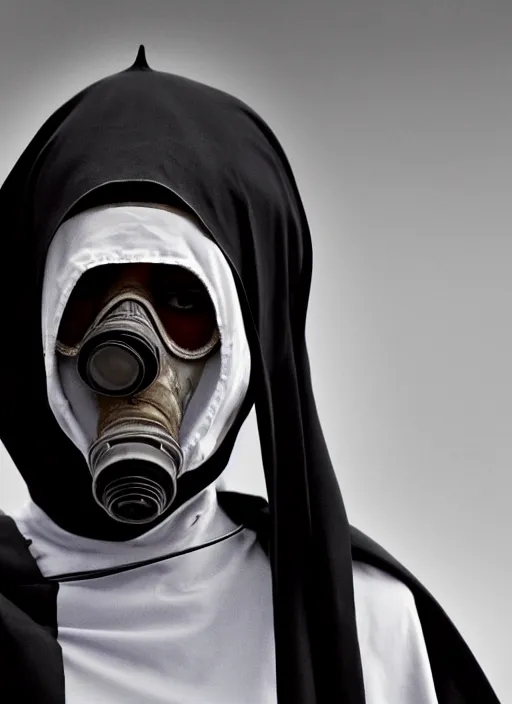 Image similar to closeup portrait of a gothic nun wearing a gas mask, depth of field, zeiss lens, detailed, symmetrical, centered, fashion photoshoot, by Annie Leibovitz and Steve McCurry, David Lazar, Jimmy Nelsson, Breathtaking, 8k resolution, extremely detailed, beautiful, establishing shot, artistic, hyperrealistic, beautiful face, octane render