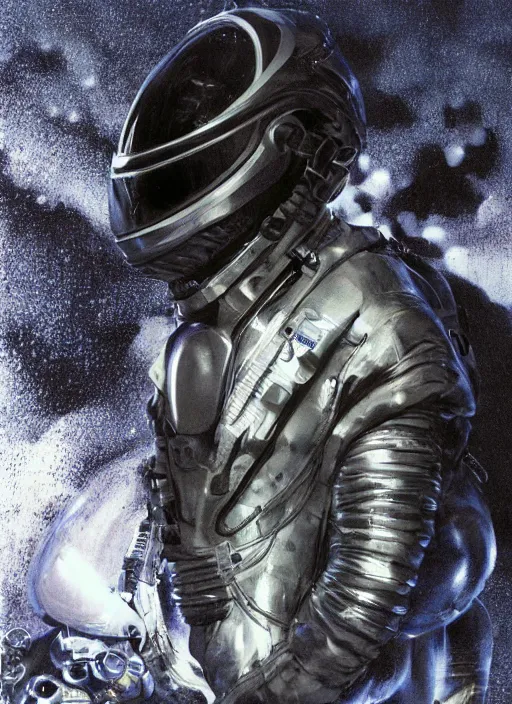 Image similar to astronauts in the dark infinite underwater void - complex and hyperdetailed technical suit. reflection and dispersion materials. contour lighting. rays and dispersion of light. volumetric light. 5 0 mm, f / 3 2. noise film photo. flash photography. ultra realistic, wide angle. poster by wayne barlowe, hajime sorayama aaron horkey, craig mullins