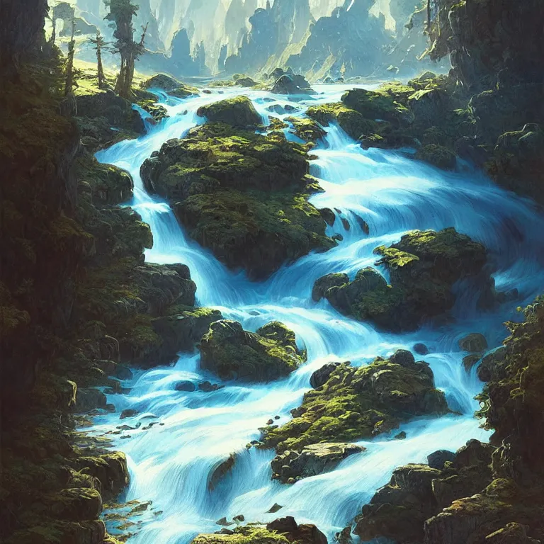 Image similar to Mountain river flows through a fantasy landscape gorge. A big blue lake in the middle of the mountains. Fabulous nature, amazing seascape, highly detailed, digital painting, artstation, concept art, smooth, sharp focus, illustration, art by greg rutkowski and alphonse mucha