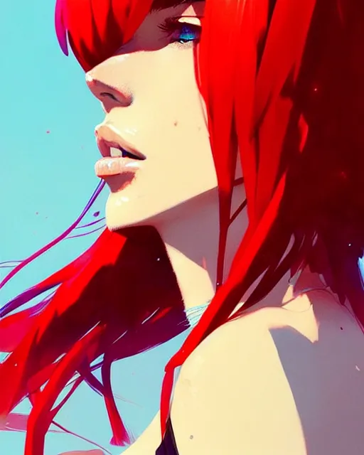 Image similar to a ultradetailed beautiful panting of a stylish woman with red bangs, by conrad roset, greg rutkowski and makoto shinkai, trending on artstation