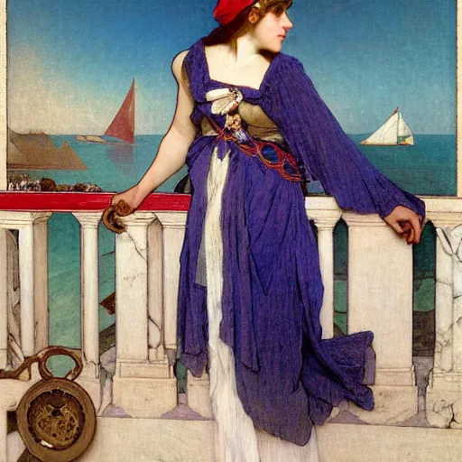 Image similar to A girl with jester hat and clothes on a greek archi circle on the front of a Balustrade with a beach and a sail boat on the background, major arcana clothes, by alphonse mucha and arnold böcklin arnold böcklin arnold böcklin, paul delaroche, hyperrealistic 8k, very detailed