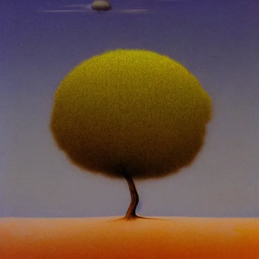 Prompt: a tree with a single leaf, in the desert, with a partially cloudy sky, drawn by zzislaw beksinski