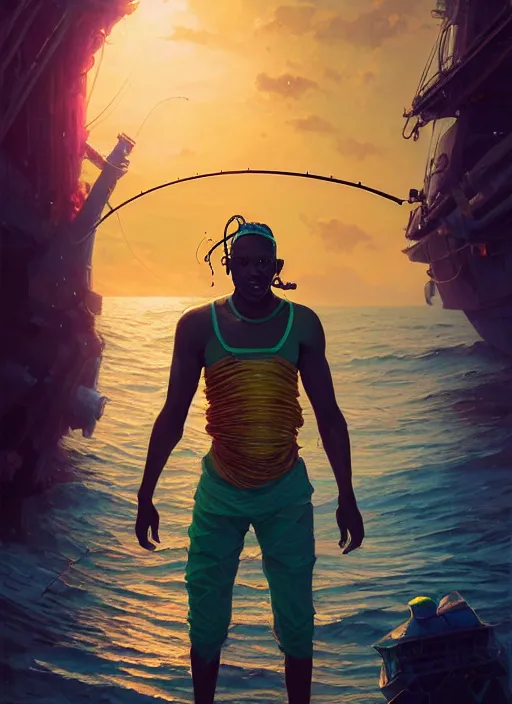 Image similar to portrait of a male jamaican fisherman sci - fi glowing fishing armor fishing rod cyberpunk muscular intricate elegant highly detailed digital painting artstation concept art, ocean background, reggae colors, cinematic, greg rutkowski, loish, rhads, ferdinand knab, makoto shinkai and lois van baarle, ilya kuvshinov, rossdraws, tom bagshaw