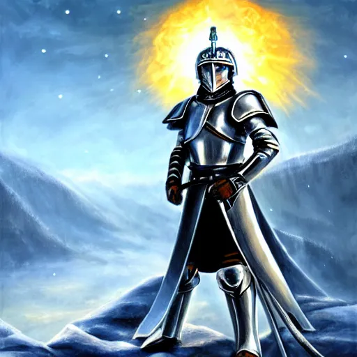 Image similar to paladin wearing silver amour with mirror finish, wielding a longsword that gleams like the sun. he is wearing a teutonic helmet, inside his eyes glow like the sun. background of snowy mountains. fantasy painting.