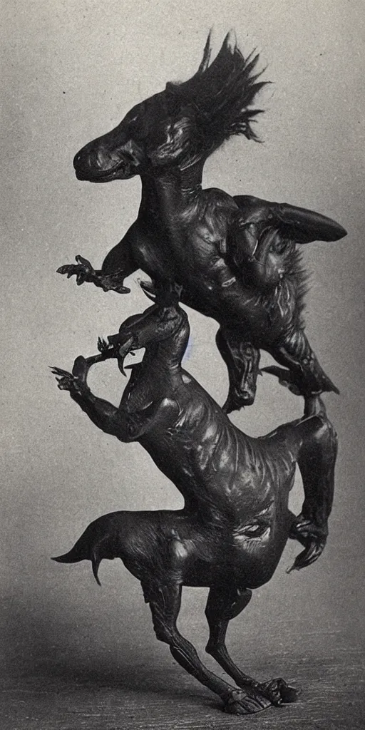 Prompt: t rex and a horse wearing high heels. anamorphic strange black and white photograph, 1 8 5 0 s