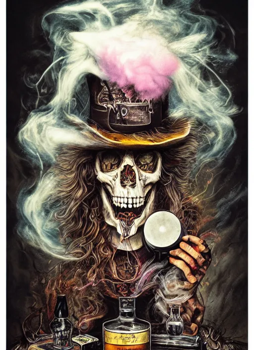 Image similar to Mad hatter big cloud of smoke, bottle of whisky, guitar, lightning,death tarot card,highly detailed,half skull face,cinematic,8k,by Stanley Artgermm,Tom Bagshaw,Greg Rutkowski,Carne Griffiths, Ayami Kojima, Beksinski, Giger,trending on DeviantArt,hyper detailed,horror, full of colour