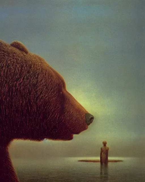 Prompt: giant terrifying bear god above a honey pond, scary, foreboding, mysterious minimalistic, by beksinski