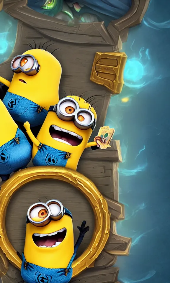 Image similar to hearthstone card with a usual border with atack and health depicting minions from despicable me.