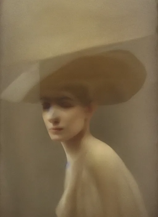 Prompt: out of focus photorealistic portrait of a beautiful pale young woman by sarah moon, tiny nose, wide face, very blurry, translucent white skin, closed eyes, foggy, closeup, with a weird hat