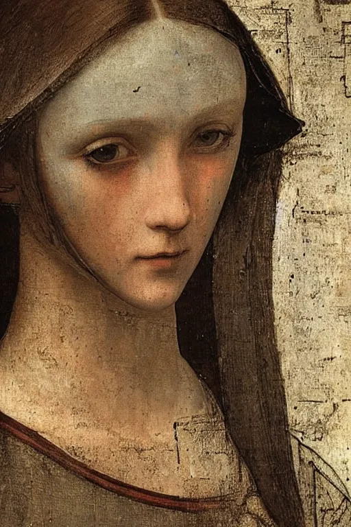 Image similar to a close - up portrait of a cyberpunk cyborg girl, by leonardo davinci, rule of thirds