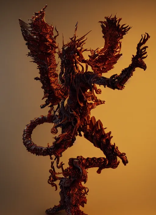 Image similar to high intricate sculpture of a baroque hellfire demon made of fire, studio light, maria panfilova, andrea savchenko, mike kime, ludovic plouffe, qi sheng luo, oliver cook, trending on artstation