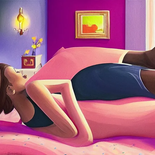 Image similar to stunning, coherent, beautiful painting, still of a giant man taking a picture of beautiful black bbw posing laying down in her bed , she is taking a selfie of the man , 3d, in the style of pixar, comic book cover, 3d, highly detailed, highly detailed, sharp focus, bokeh, depth of field, 16k resolution, Unreal Engine 5, coherent, cinematic lighting, photorealistic, by Zhang Jingna