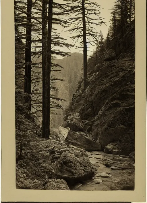 Image similar to Overlook of a gorge with steep rocky slopes covered with sparse fir trees , albumen silver print by Timothy H. O'Sullivan.