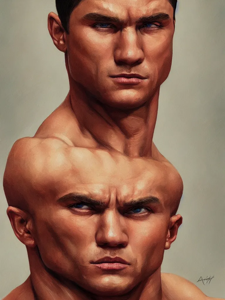 Image similar to close up portrait of a russian body builder, painted character portrait, highly detailed, digital painting, artstation, concept art, sharp focus, illustration, art by andrey remnev