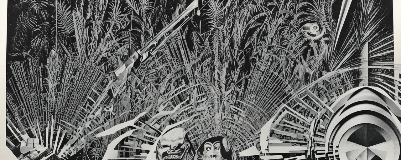 Image similar to 1978 cut out collage, science fiction movie set, neon aztec, break of dawn on Jupiter, epic theater , tropical ambience, ancient fern, electro schematics, film noir, in part by Alex Grey, part by Hale Woodruff