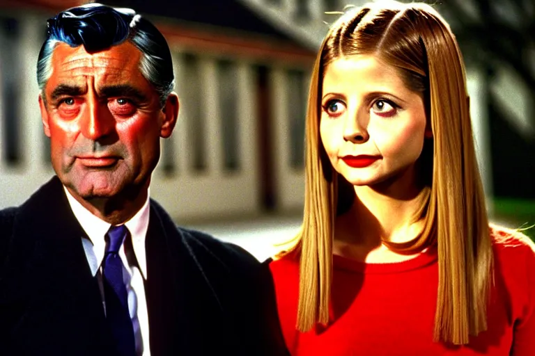 Image similar to cary grant as giles in buffy the vampire slayer, along side sarah michelle gellar 1 9 9 8