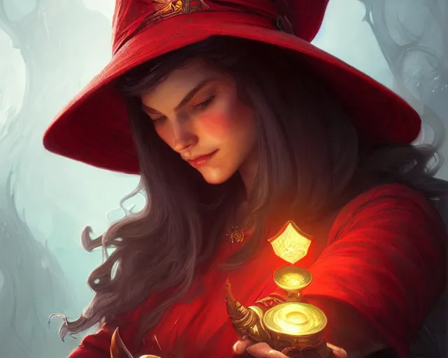 Image similar to red hat wizard, deep focus, d & d, fantasy, intricate, elegant, highly detailed, digital painting, artstation, concept art, matte, sharp focus, illustration, hearthstone, art by artgerm and greg rutkowski and alphonse mucha