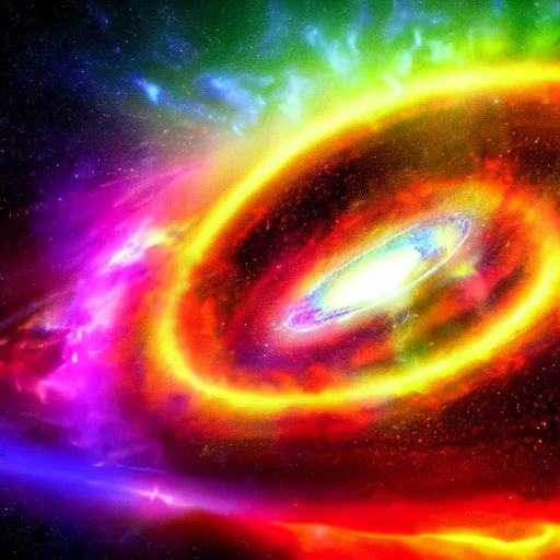 Prompt: a quasar being absorbed by a black hole with explosions of rainbow, trending on art station, digital art, 4k, space rendering, colorful