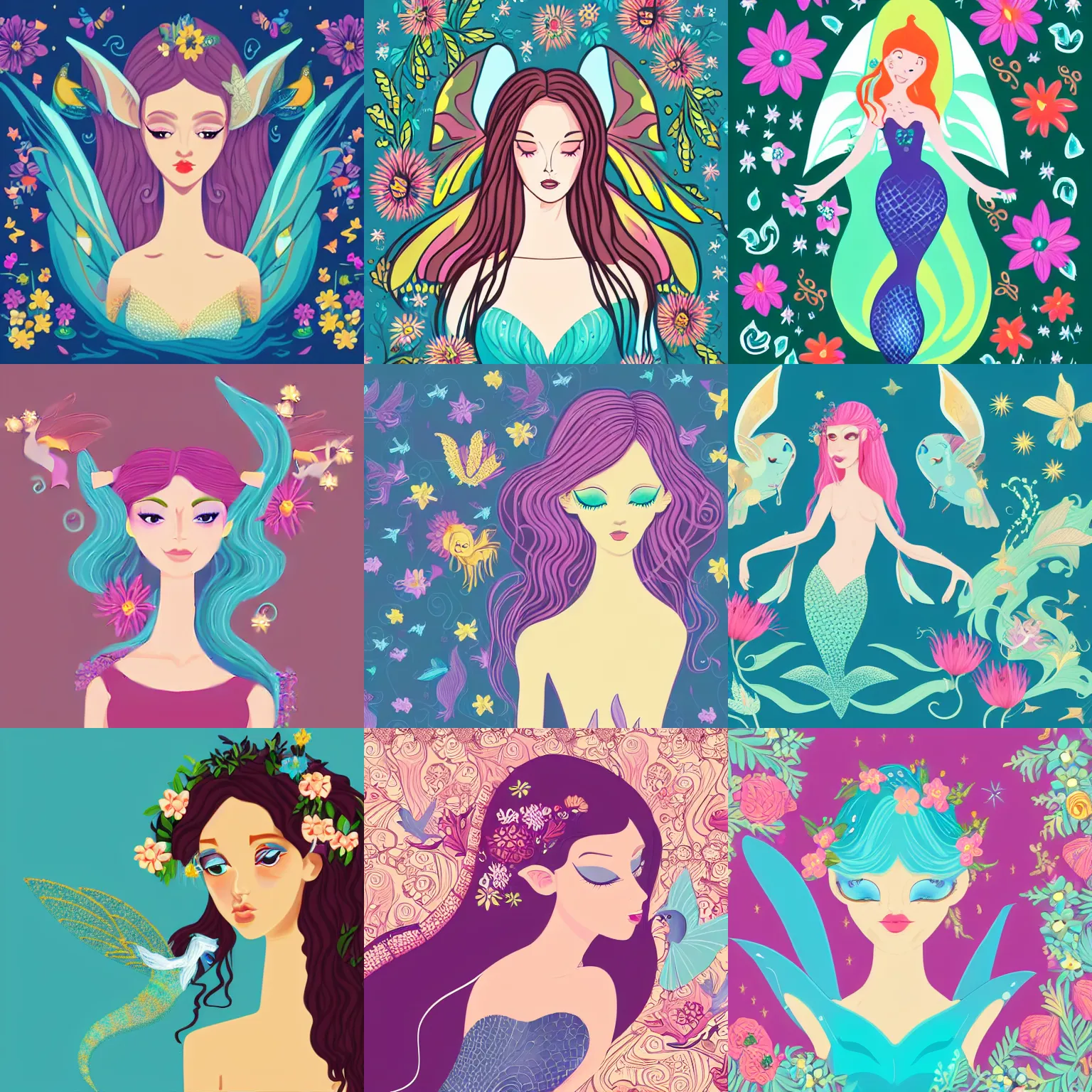 Prompt: magical illustration of ethereal fantasy creature, beautiful fairie, mermaid, female portrait with flowers, whimsical big - eyed character accompanied by animals and birds, svg, vector