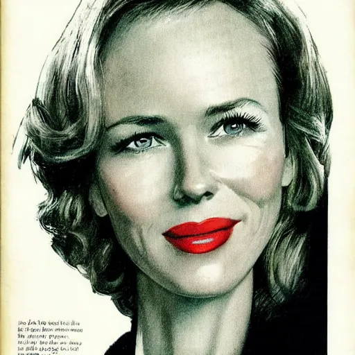 Image similar to “Naomi Watts portrait, color vintage magazine illustration 1950”