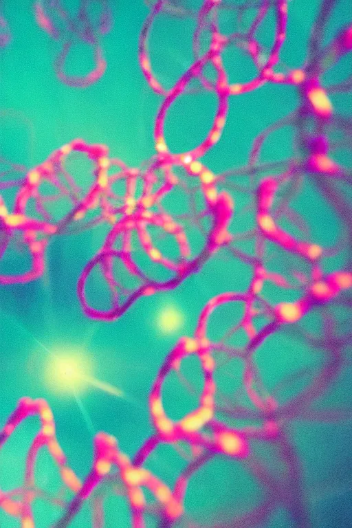 Image similar to agfa vista 4 0 0 photograph of a blooming dna helix, synth vibe, vaporwave colors, lens flare, moody lighting, moody vibe, telephoto, 9 0 s vibe, blurry background, grain, tranquil, calm, faded!,