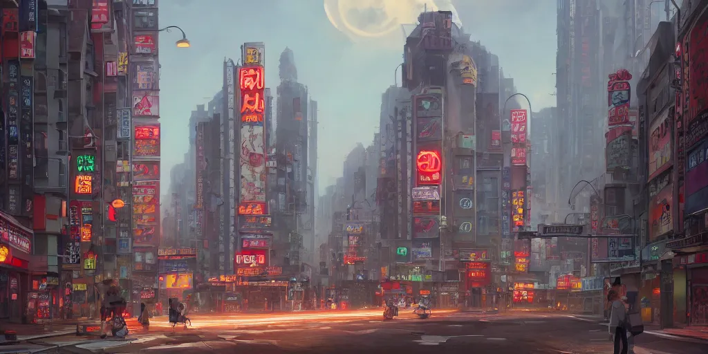 Image similar to A highly fantasy detailed matte painting of Buildings with Japanese Billboards and neonsigns by Studio Ghibli, Makoto Shinkai, by Artgerm, by WLOP, by Greg Rutkowski, volumetric lighting, octane render, 4K resolution, trending on artstation, masterpiece, simon stalenhag